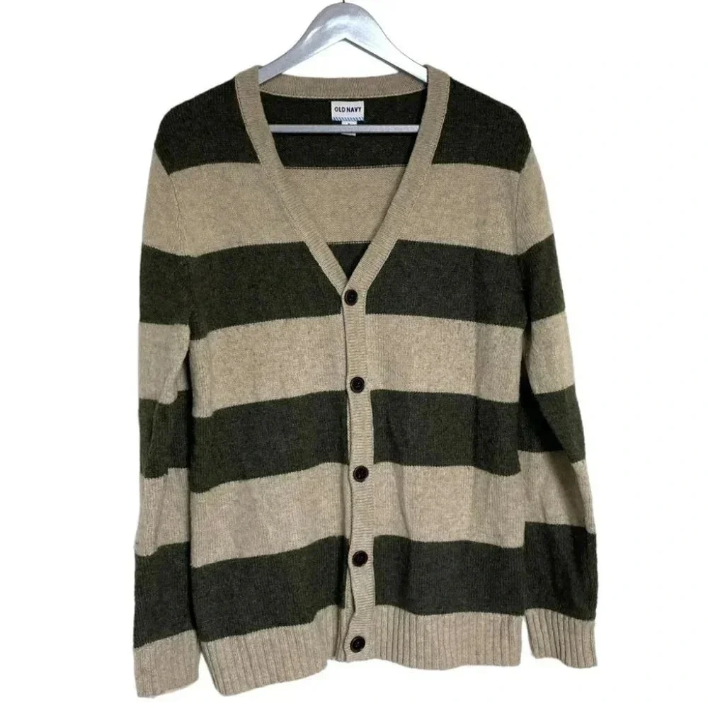 Old Navy Cardigan Sweater Medium Green Beige Striped Wool Blend V-Neck Button Up